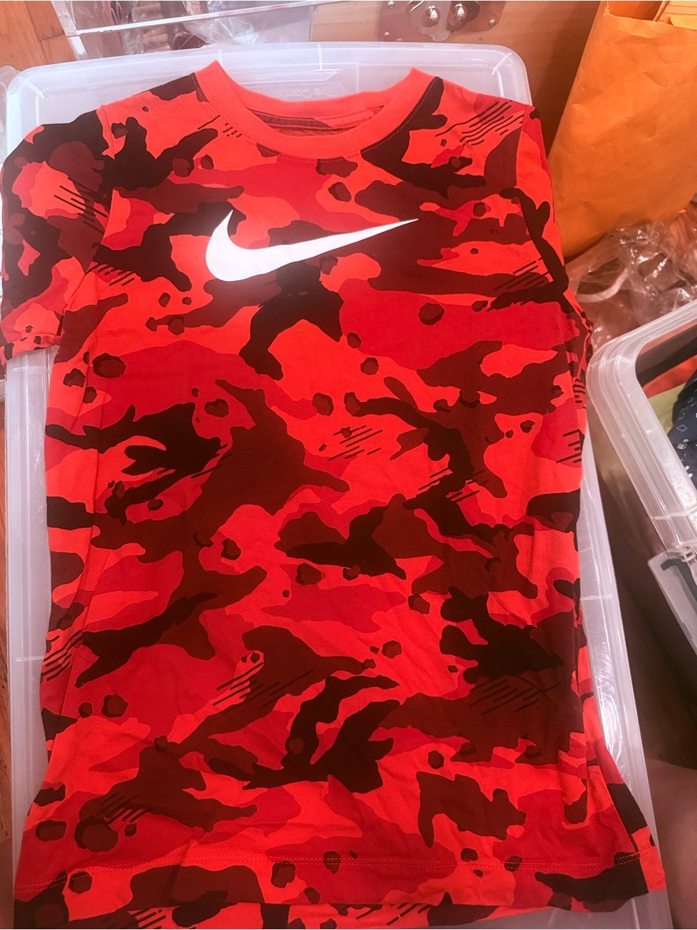 Nike Red and Black Camo Kids Shirt with White Swoosh- size M